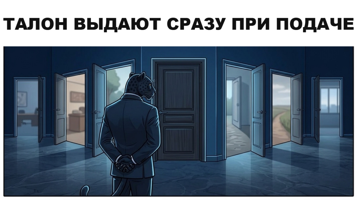 Пантера держит талон-уведомление с печатью у окна дежурной части после подачи заявления