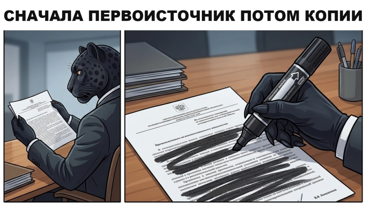 Пантера отдирает верхнюю афишу от толстого слоя одинаковых афиш на уличной тумбе &mdash; первоисточник и копии