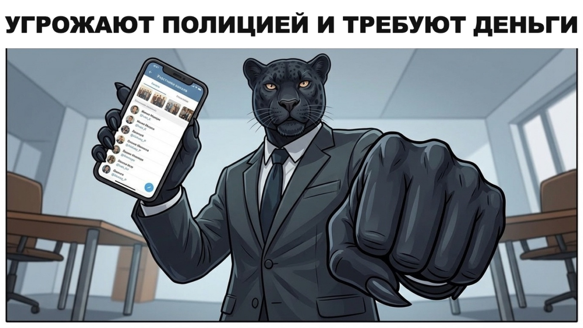 Угрожают полицией и требуют деньги: что делать Пантера в костюме с телефоном, на экране угроза — угрожают полицией после знакомства и требуют деньги