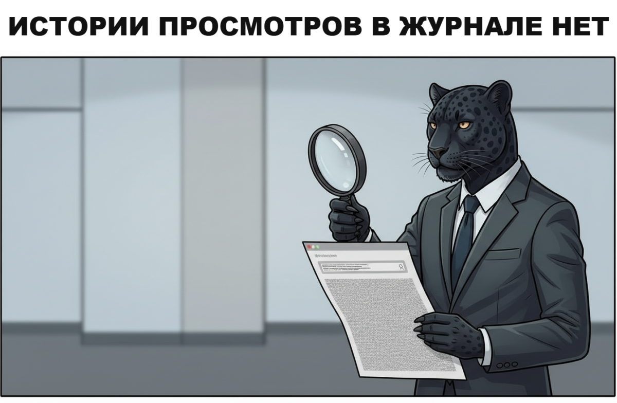Человек-пантера рассматривает через лупу распечатанный журнал входов в аккаунт со столбцами времени и устройств