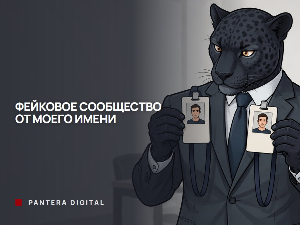 Пантера в костюме сравнивает два одинаковых бейджа с одной фотографией, надпись «Фейковое сообщество от моего имени»