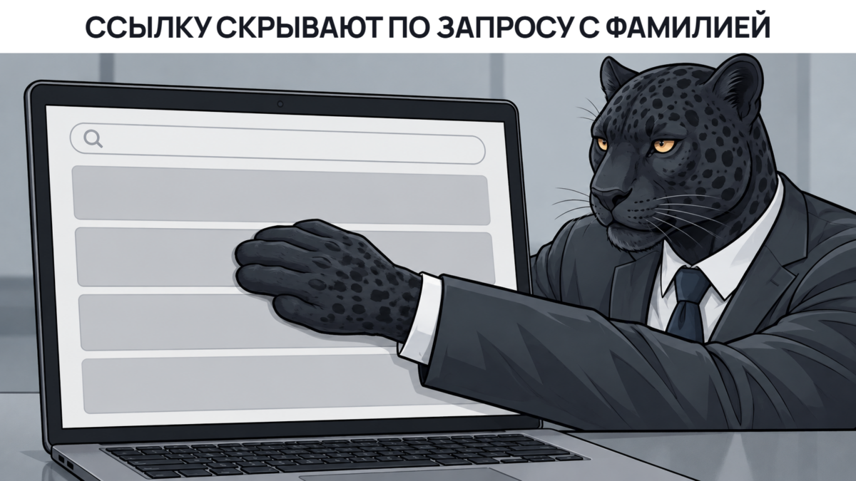 Как убрать информацию о банкротстве из интернета Человек-пантера в костюме закрывает лапой одну из карточек в столбце результатов поиска на экране ноутбука
