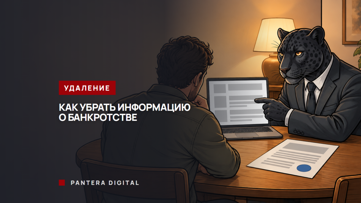 Как убрать информацию о банкротстве из интернета Человек-пантера в костюме за домашним столом показывает мужчине на экран ноутбука со списком результатов поиска, рядом лежит судебное определение
