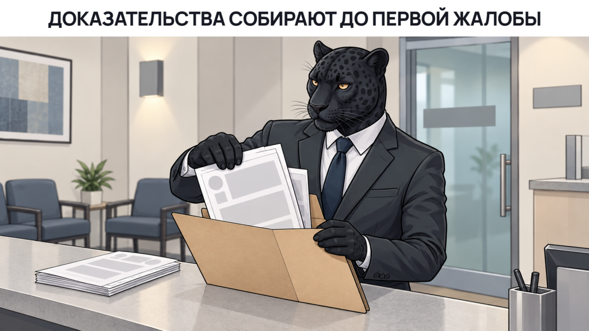 Пантера у нотариуса складывает в папку снимки экрана и переписку, надпись &laquo;Доказательства собирают до первой жалобы&raquo;