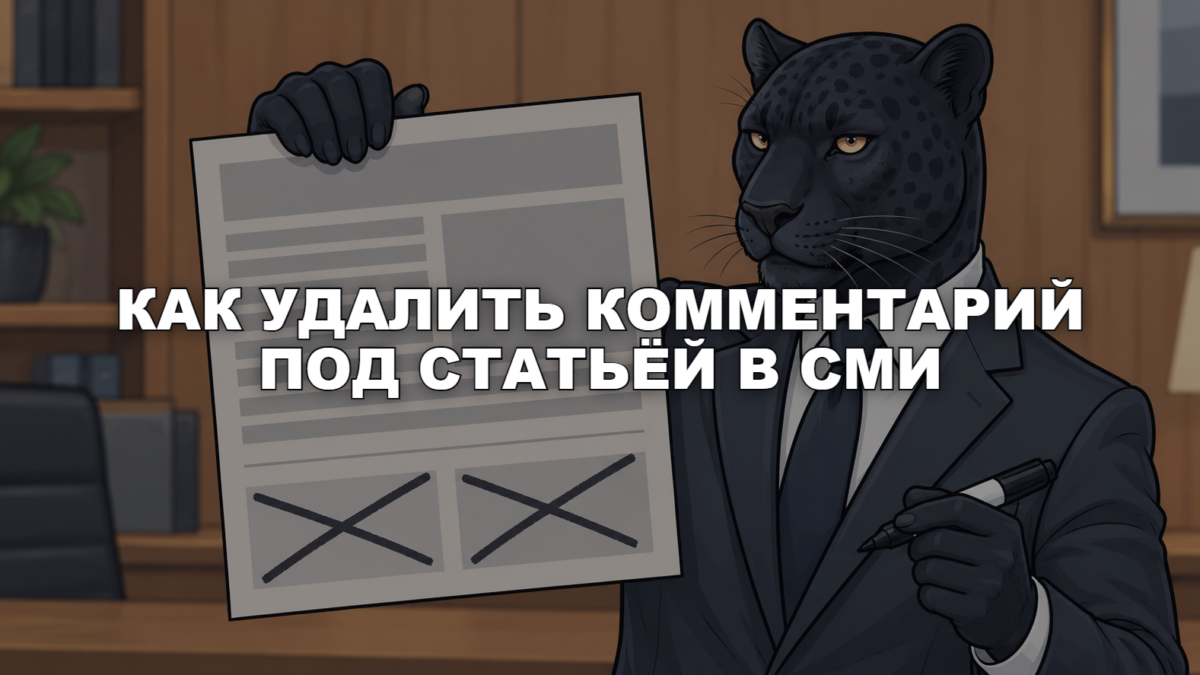 Пантера в деловом костюме держит распечатку новостной статьи с двумя зачёркнутыми комментариями внизу