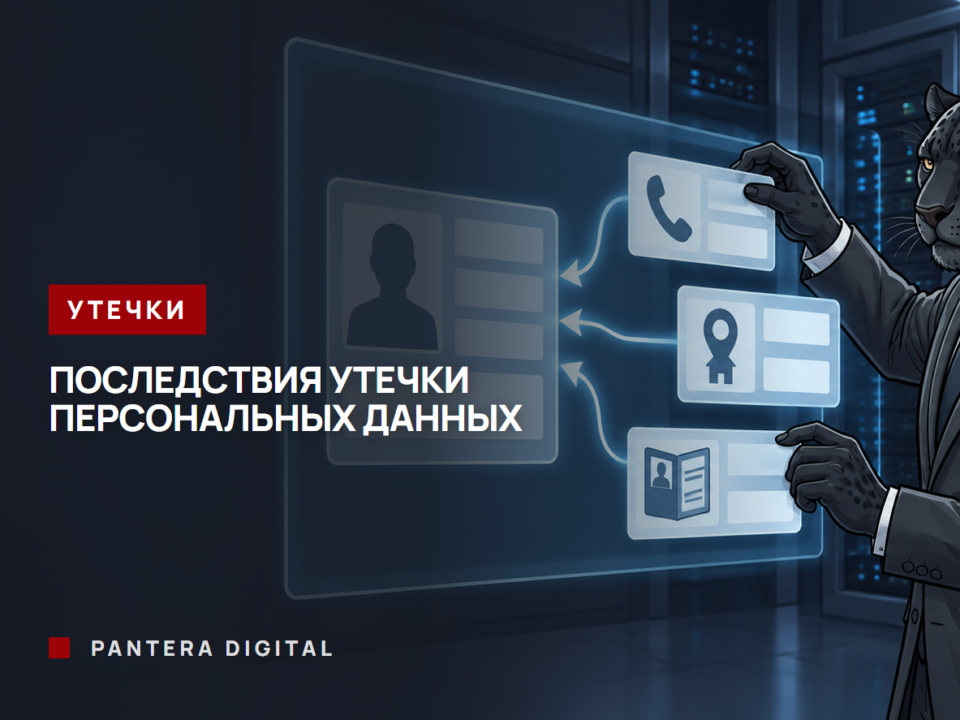Человек-пантера в костюме у экрана в серверной складывает отдельные карточки с телефоном, адресом и паспортом в одну
