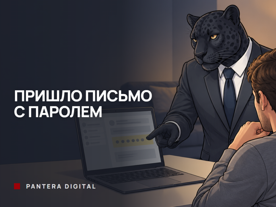 Человек-пантера в костюме вечером показывает человеку на экран ноутбука с открытым письмом, где выделена строка со скрытым паролем